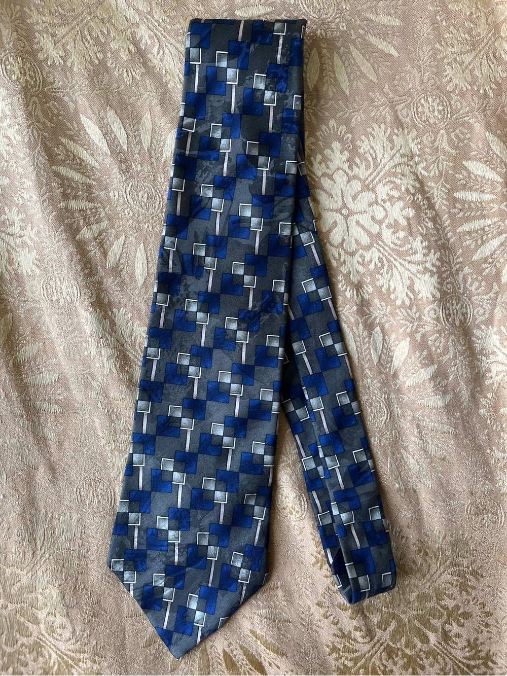 Oleg Cassini Men's Silk Necktie - Grey Blue Black Geometric Square Block Pattern